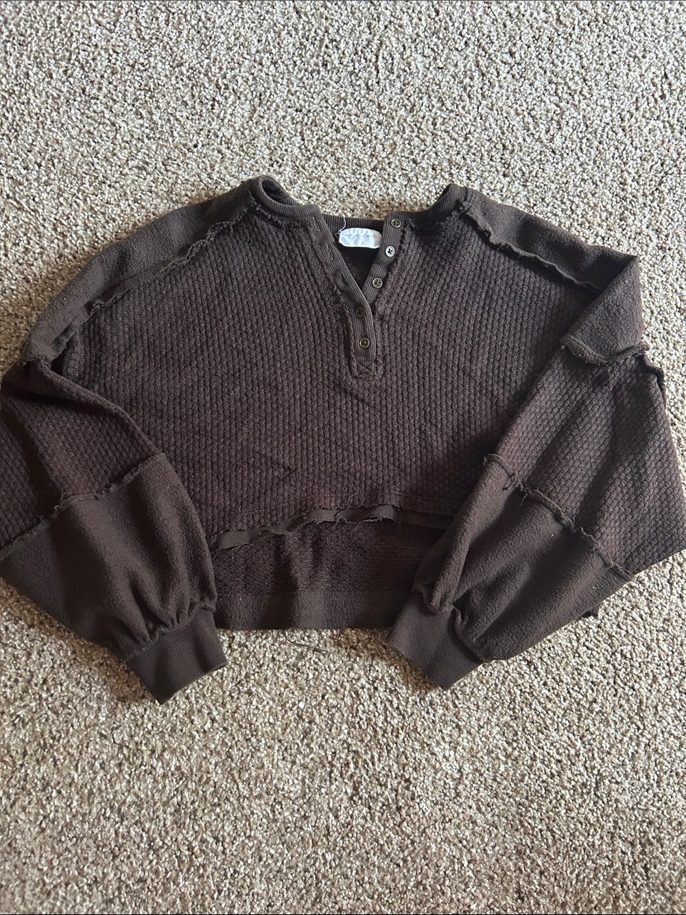 Urban Outfitters Brown Cropped Waffle-Knit Henley Sweater